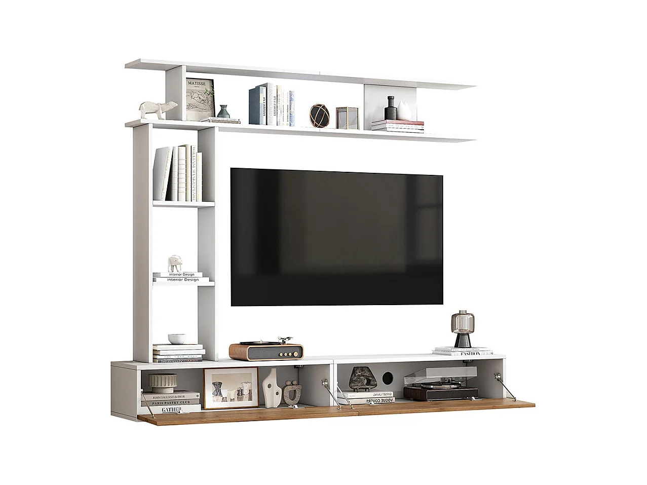 Ensemble meuble TV vitrines meuble multimédia TV étagère pose suspendu TV 80 pouces blanc bois salon