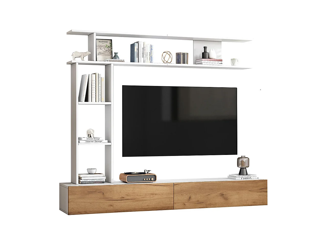 Ensemble meuble TV vitrines meuble multimédia TV étagère pose suspendu TV 80 pouces blanc bois salon