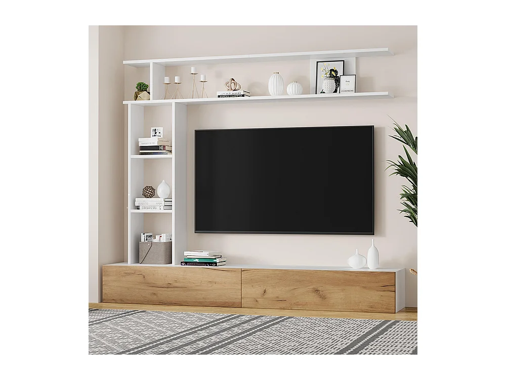 Ensemble meuble TV vitrines meuble multimédia TV étagère pose suspendu TV 80 pouces blanc bois salon
