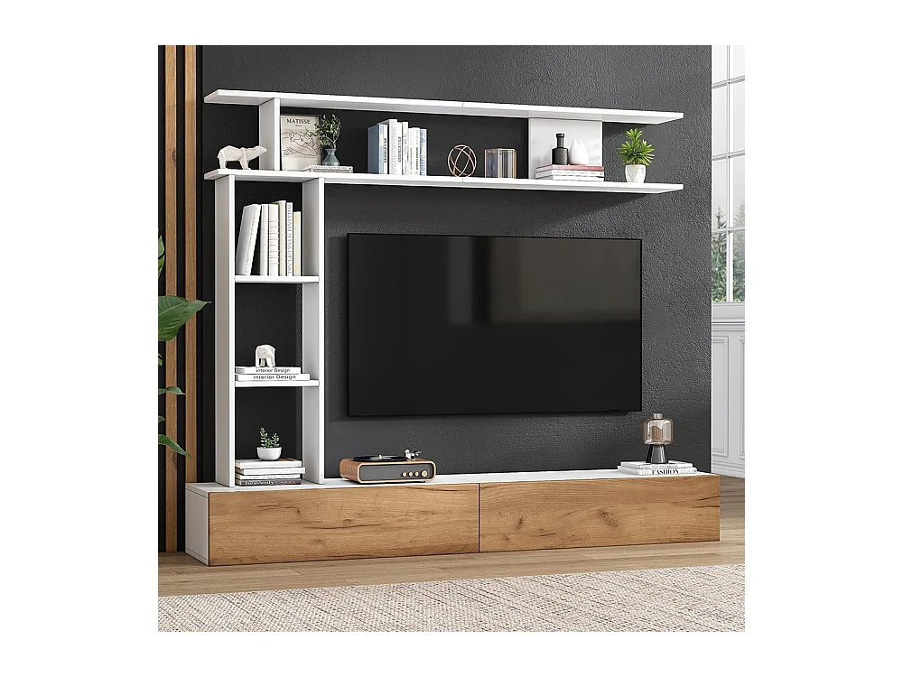 Ensemble meuble TV vitrines meuble multimédia TV étagère pose suspendu TV 80 pouces blanc bois salon
