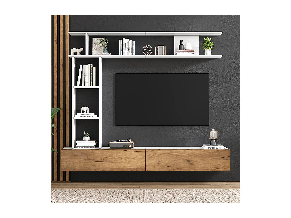 Ensemble meuble TV vitrines meuble multimédia TV étagère pose suspendu TV 80 pouces blanc bois salon