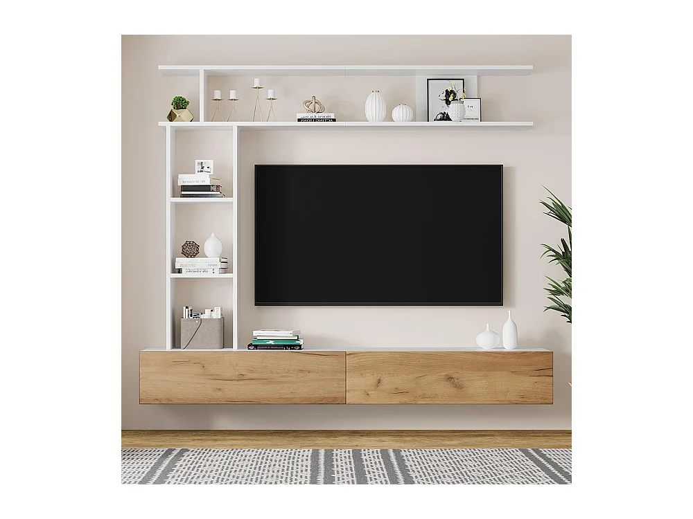 Ensemble meuble TV vitrines meuble multimédia TV étagère pose suspendu TV 80 pouces blanc bois salon