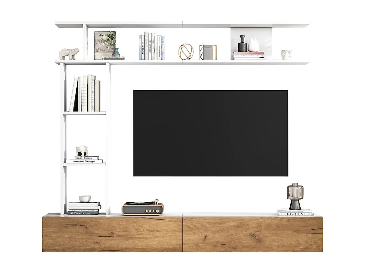 Ensemble meuble TV vitrines meuble multimédia TV étagère pose suspendu TV 80 pouces blanc bois salon