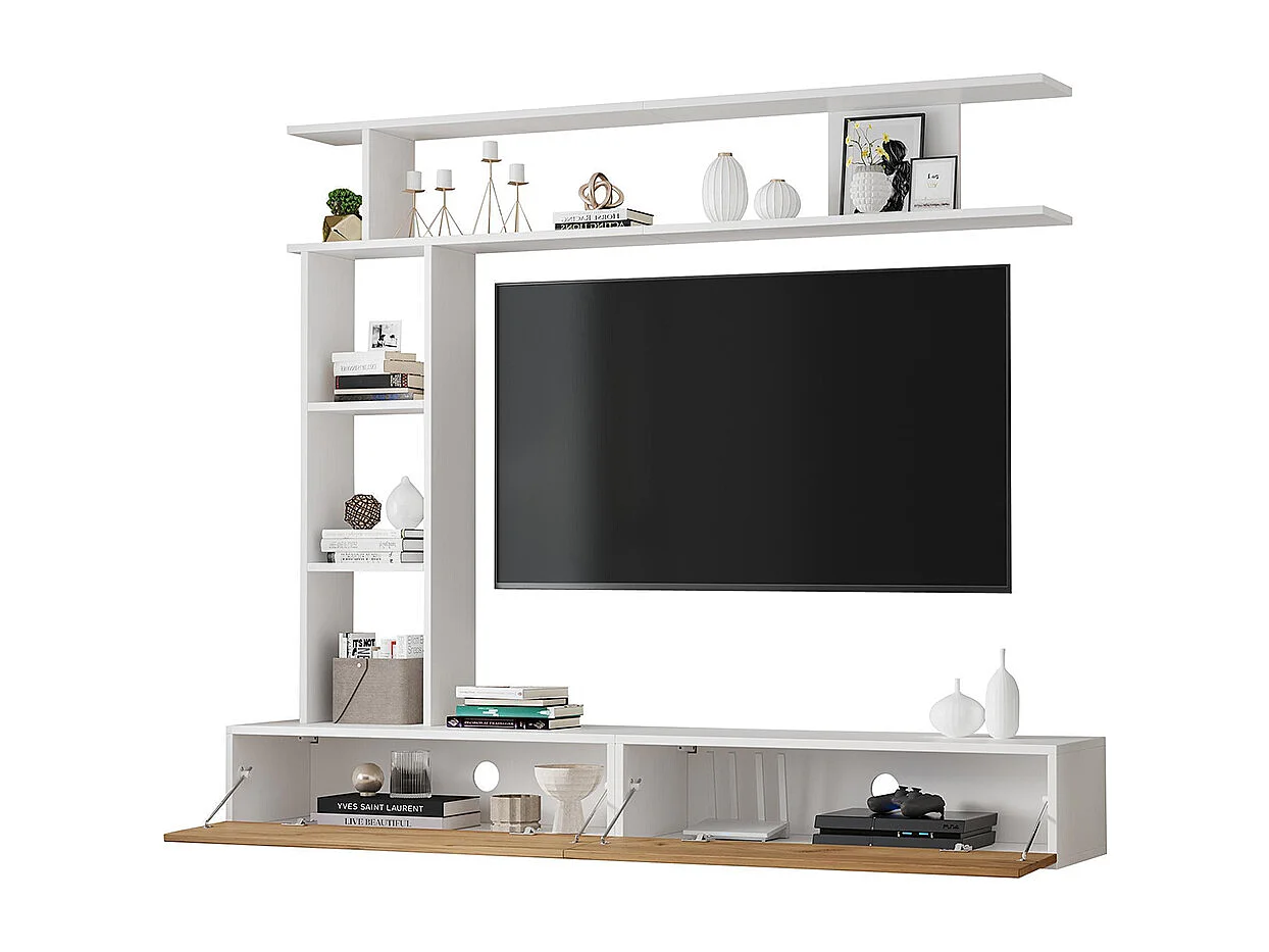 Ensemble meuble TV vitrines meuble multimédia TV étagère pose suspendu TV 80 pouces blanc bois salon