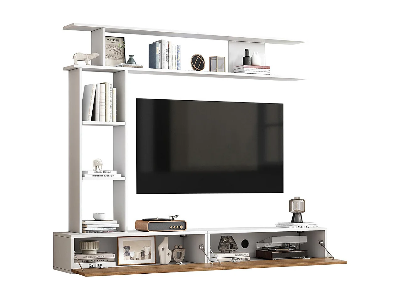 Ensemble meuble TV vitrines meuble multimédia TV étagère pose suspendu TV 80 pouces blanc bois salon