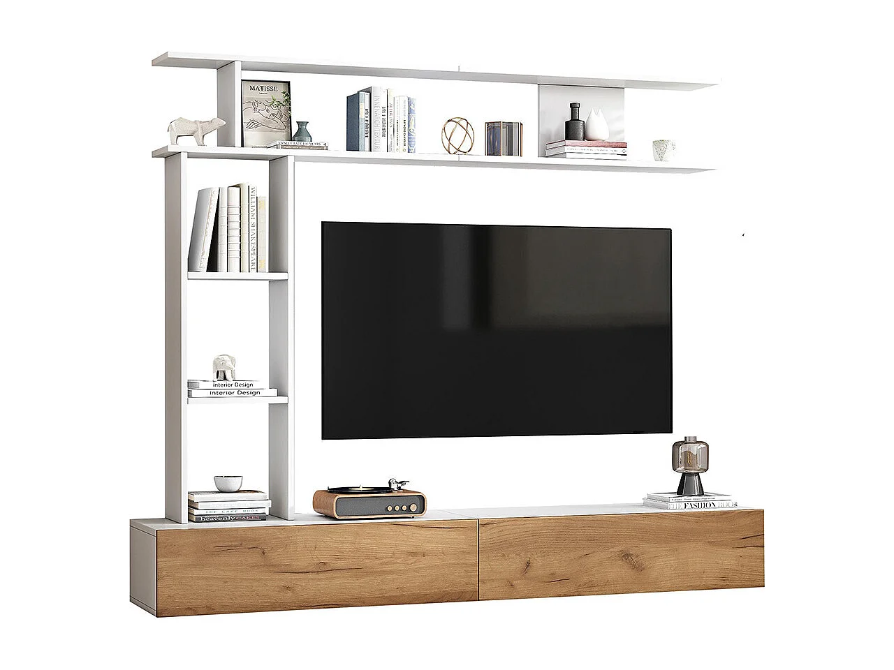 Ensemble meuble TV vitrines meuble multimédia TV étagère pose suspendu TV 80 pouces blanc bois salon