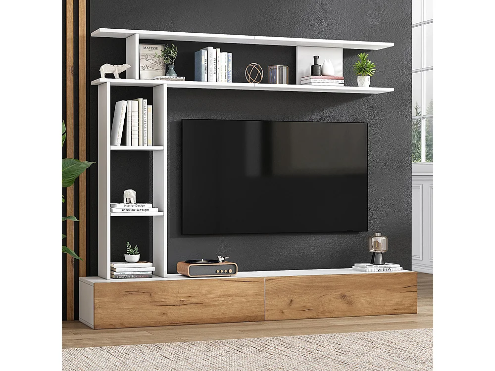 Ensemble meuble TV vitrines meuble multimédia TV étagère pose suspendu TV 80 pouces blanc bois salon