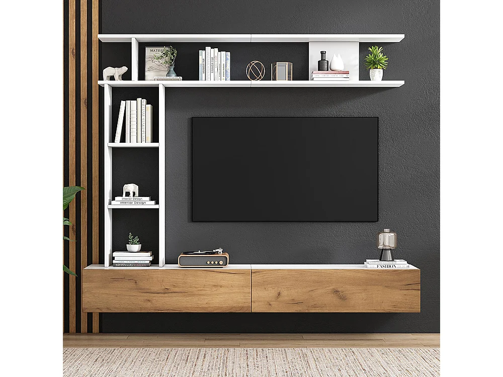 Ensemble meuble TV vitrines meuble multimédia TV étagère pose suspendu TV 80 pouces blanc bois salon
