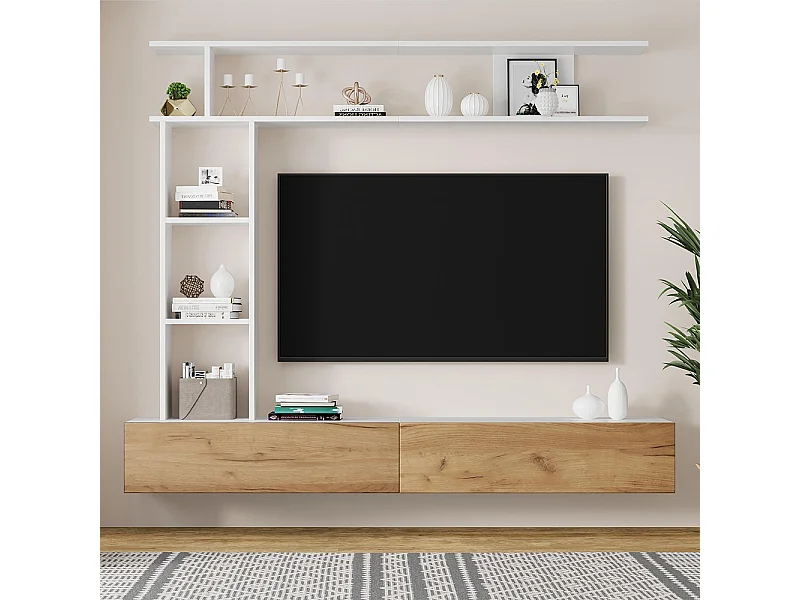 Ensemble meuble TV vitrines meuble multimédia TV étagère pose suspendu TV 80 pouces blanc bois salon