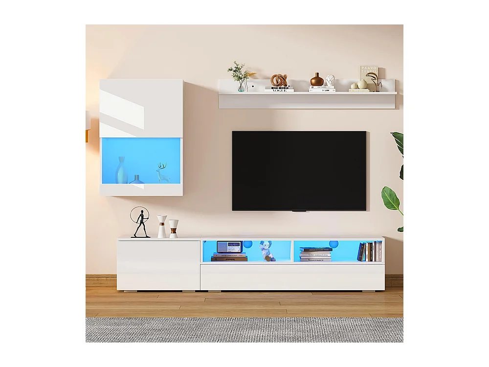 Ensemble mural TV vitrine 3 pièces LED brillant meuble TV étagère pose suspendu blanc