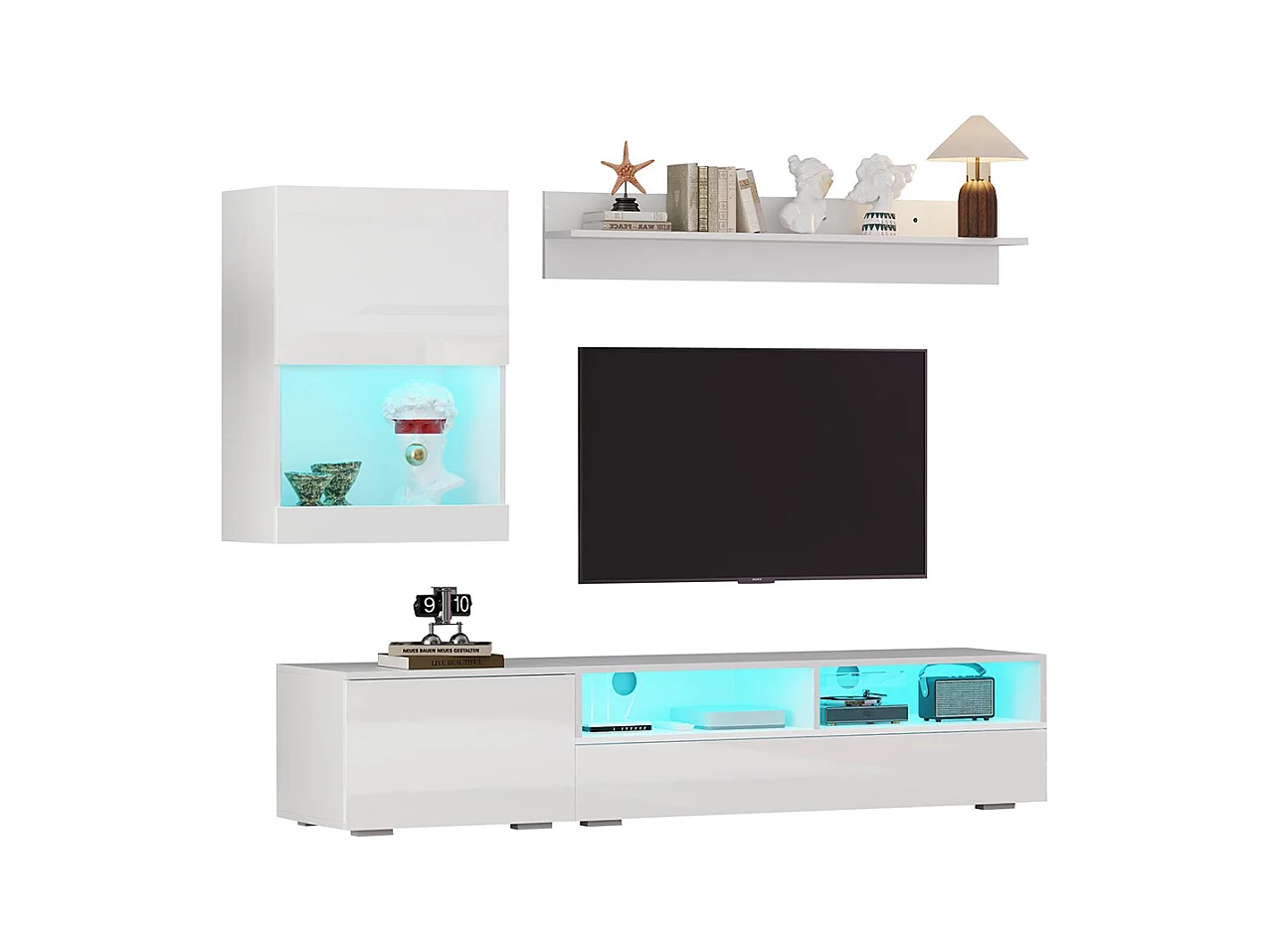 Ensemble mural TV vitrine 3 pièces LED brillant meuble TV étagère pose suspendu blanc