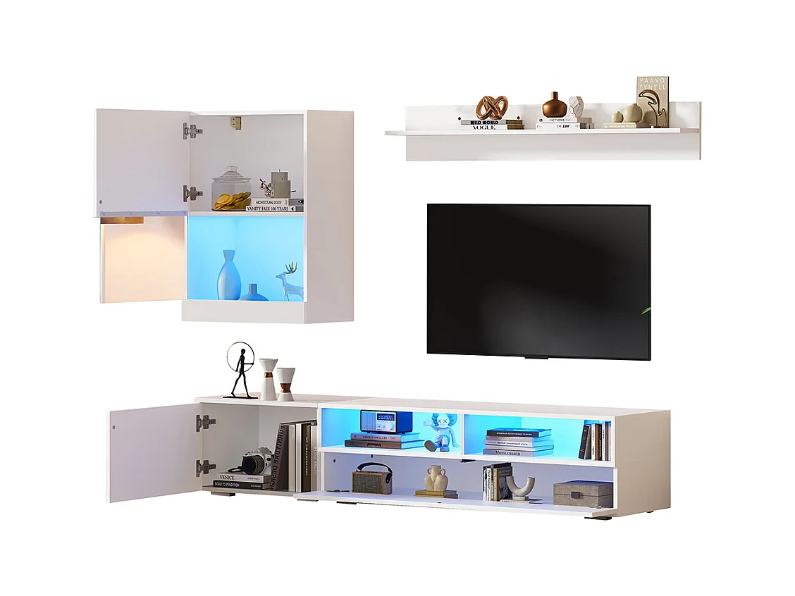 Ensemble mural TV vitrine 3 pièces LED brillant meuble TV étagère pose suspendu blanc
