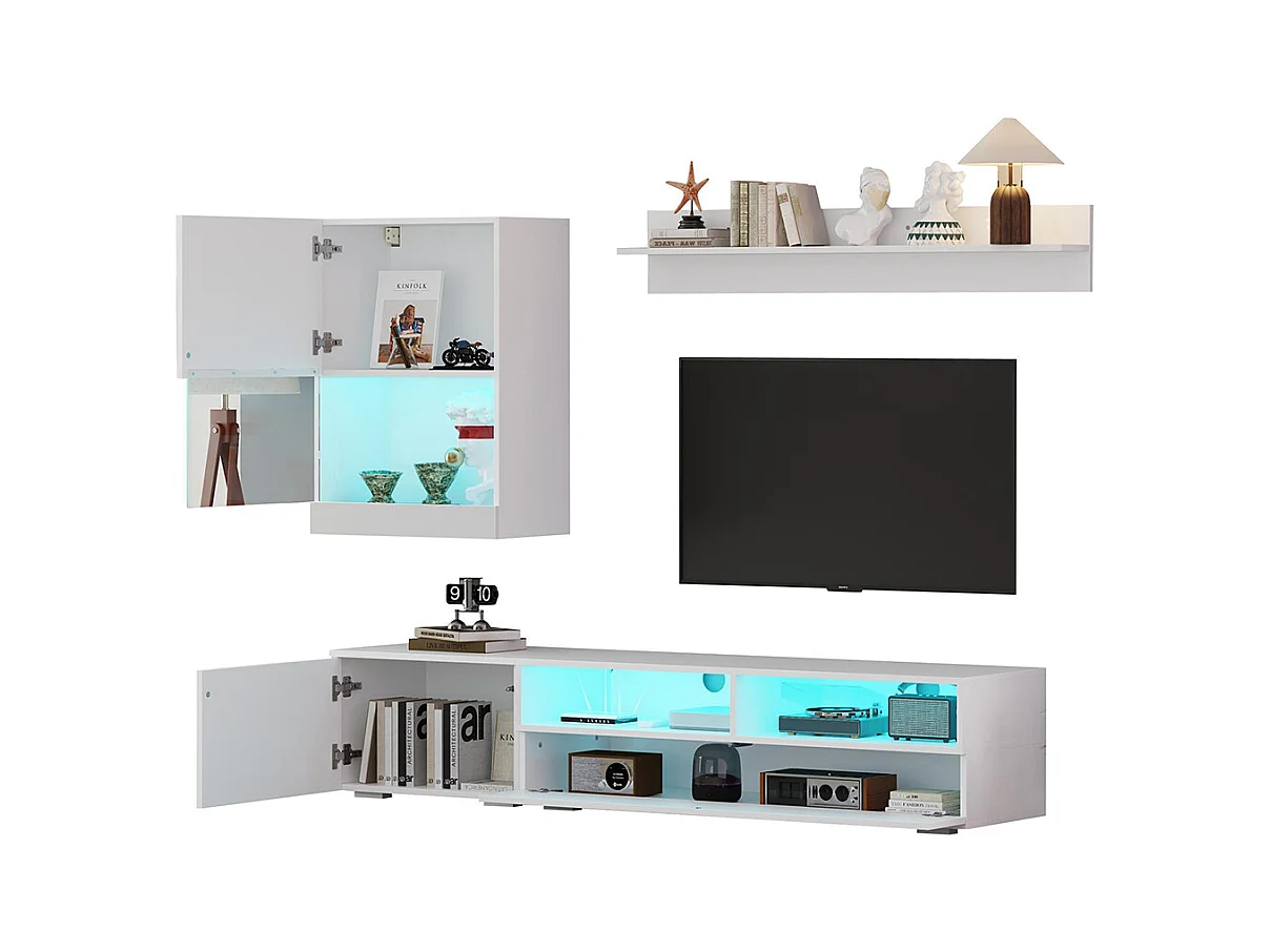 Ensemble mural TV vitrine 3 pièces LED brillant meuble TV étagère pose suspendu blanc