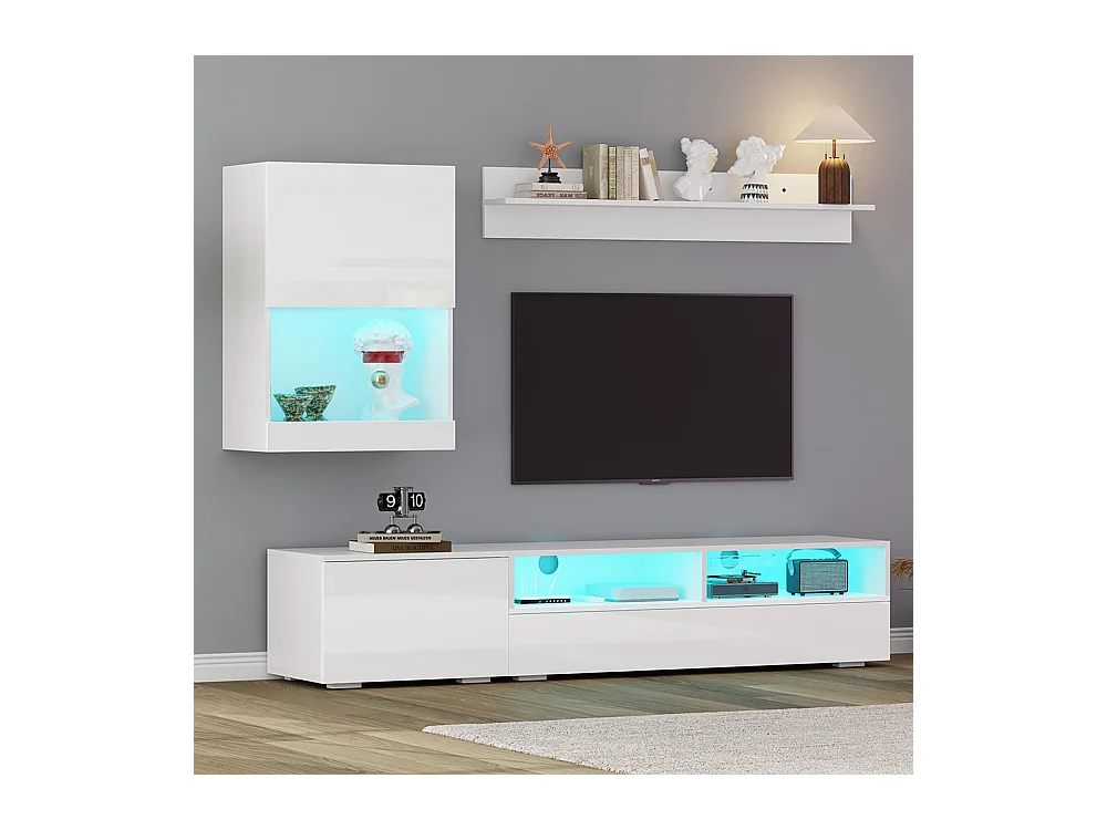 Ensemble mural TV vitrine 3 pièces LED brillant meuble TV étagère pose suspendu blanc