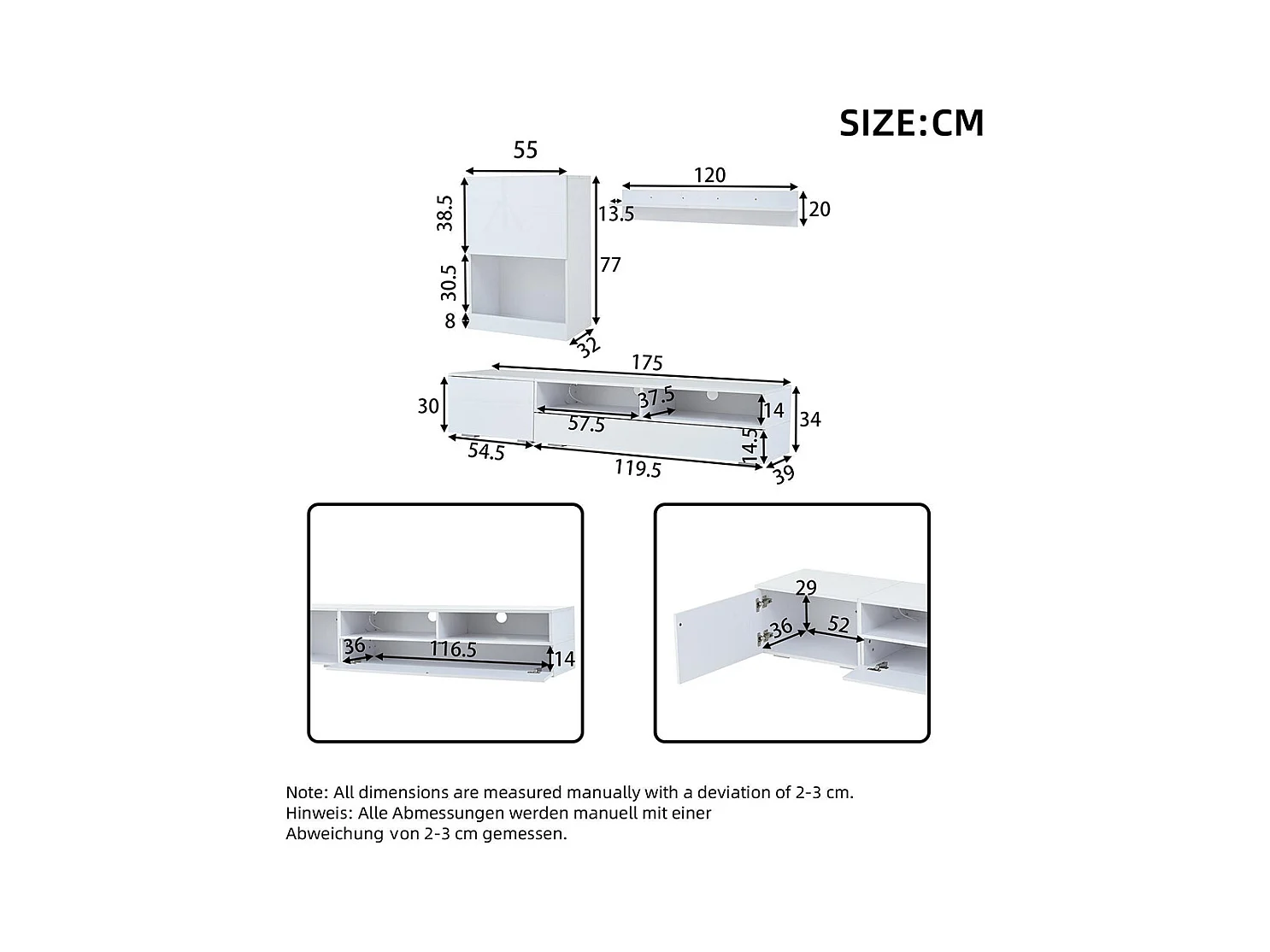 Ensemble mural TV vitrine 3 pièces LED brillant meuble TV étagère pose suspendu blanc