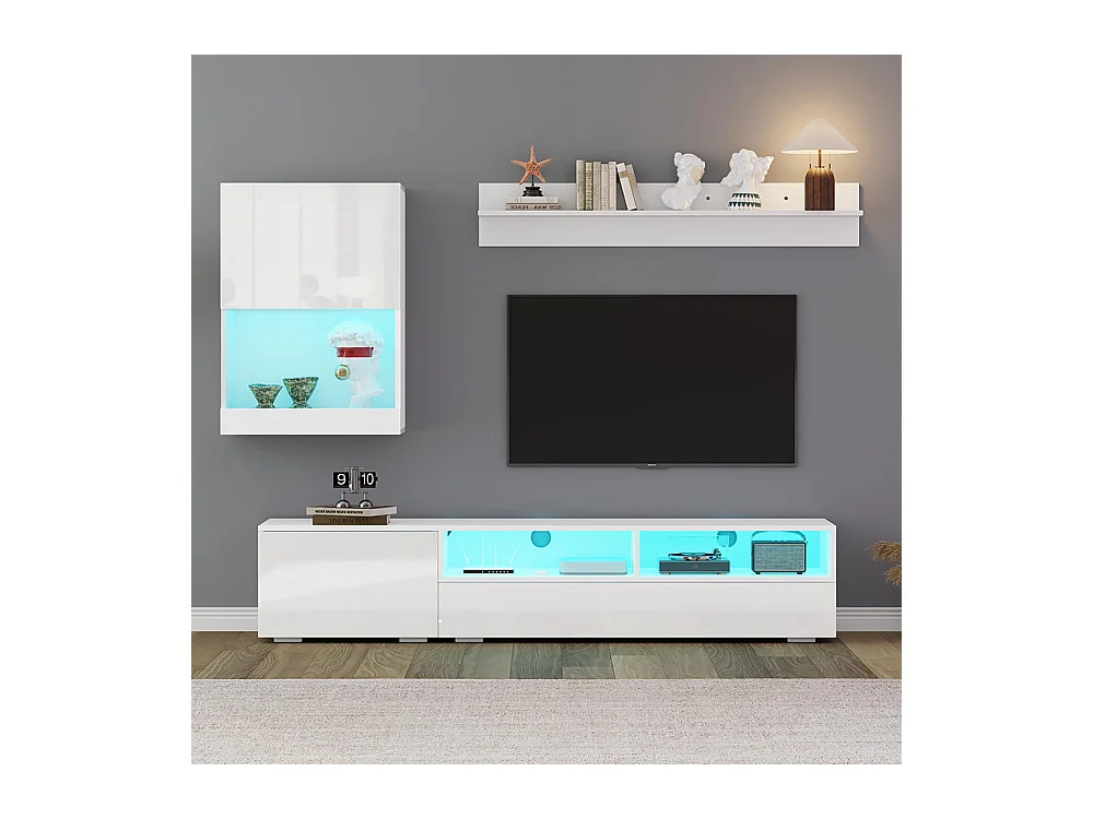 Ensemble mural TV vitrine 3 pièces LED brillant meuble TV étagère pose suspendu blanc