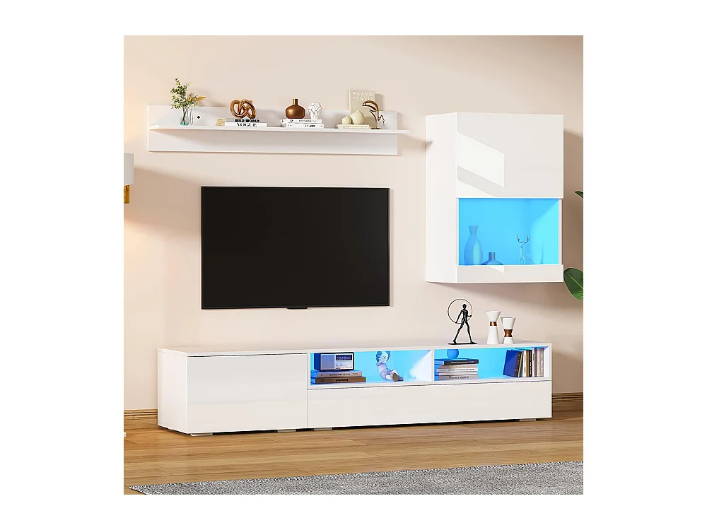 Ensemble mural TV vitrine 3 pièces LED brillant meuble TV étagère pose suspendu blanc