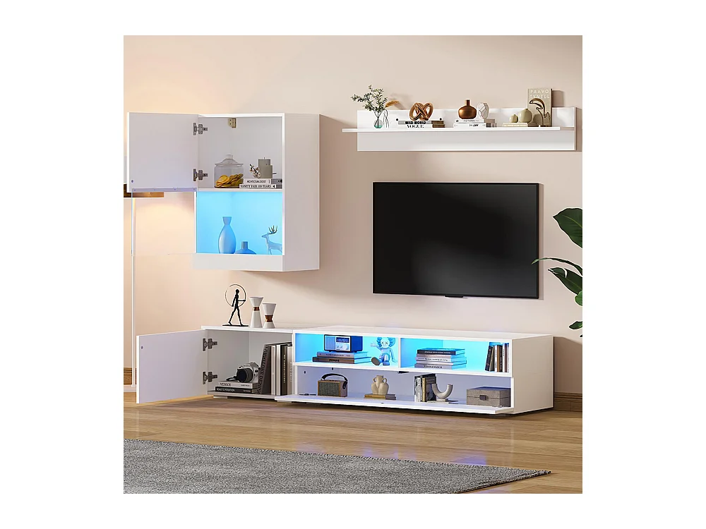Ensemble mural TV vitrine 3 pièces LED brillant meuble TV étagère pose suspendu blanc