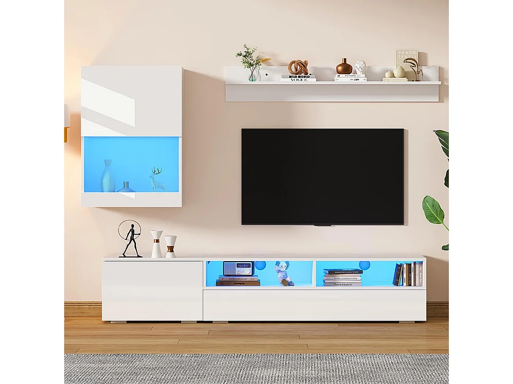 Ensemble mural TV vitrine 3 pièces LED brillant meuble TV étagère pose suspendu blanc