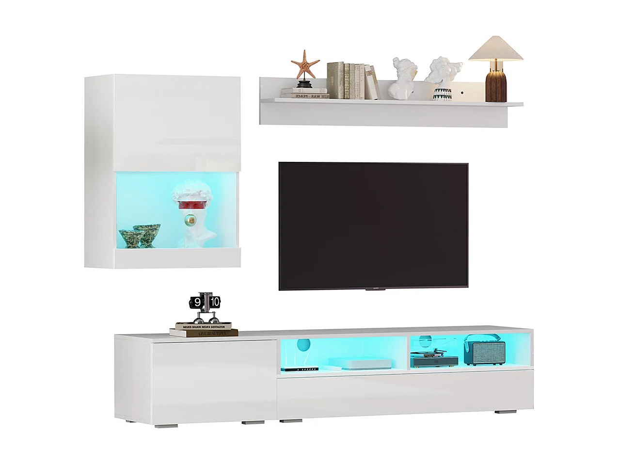 Ensemble mural TV vitrine 3 pièces LED brillant meuble TV étagère pose suspendu blanc