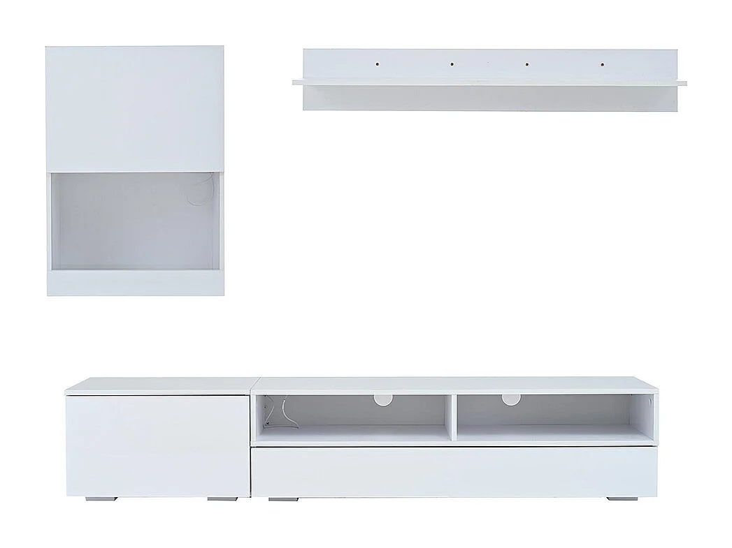 Ensemble mural TV vitrine 3 pièces LED brillant meuble TV étagère pose suspendu blanc
