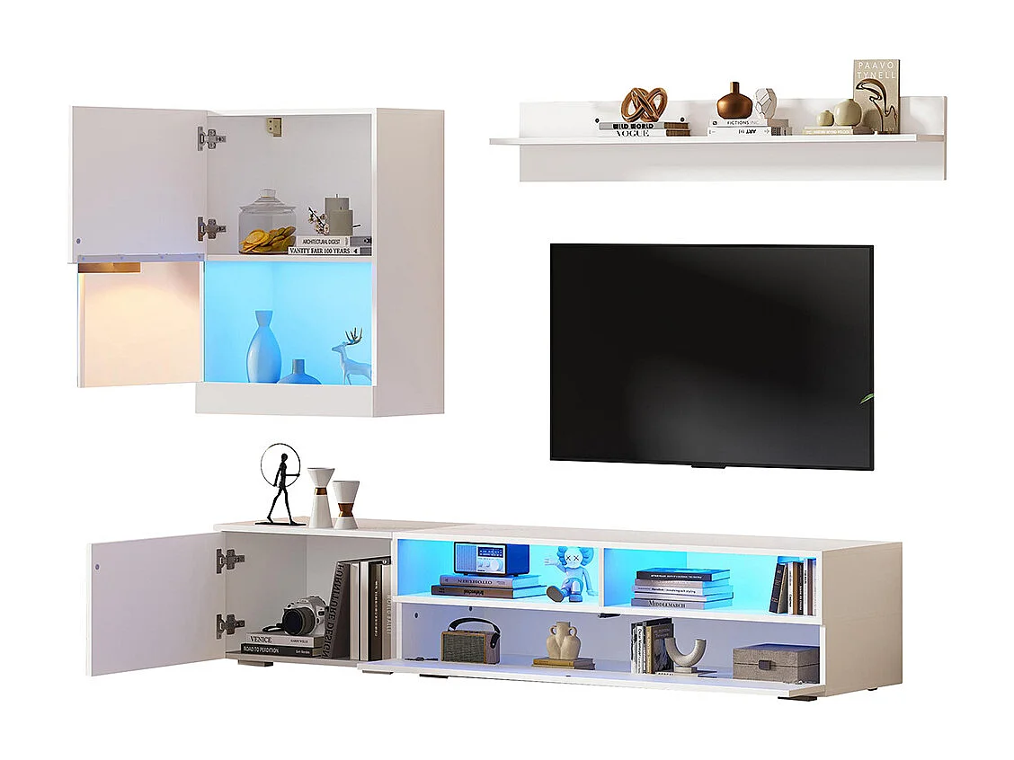 Ensemble mural TV vitrine 3 pièces LED brillant meuble TV étagère pose suspendu blanc