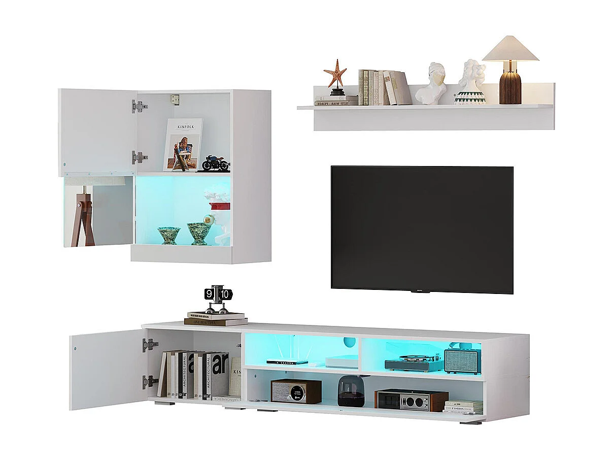 Ensemble mural TV vitrine 3 pièces LED brillant meuble TV étagère pose suspendu blanc