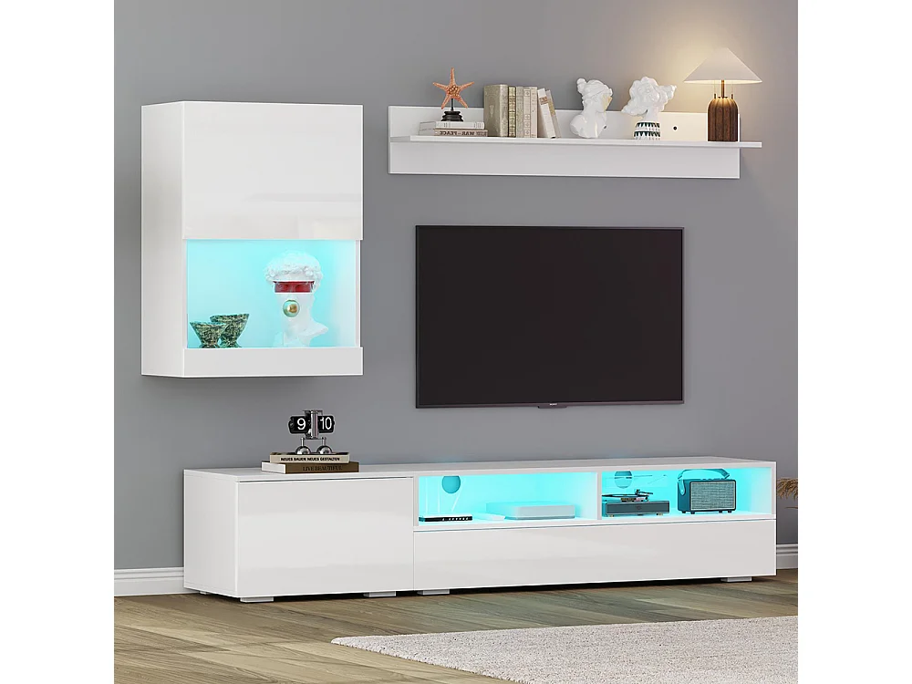 Ensemble mural TV vitrine 3 pièces LED brillant meuble TV étagère pose suspendu blanc