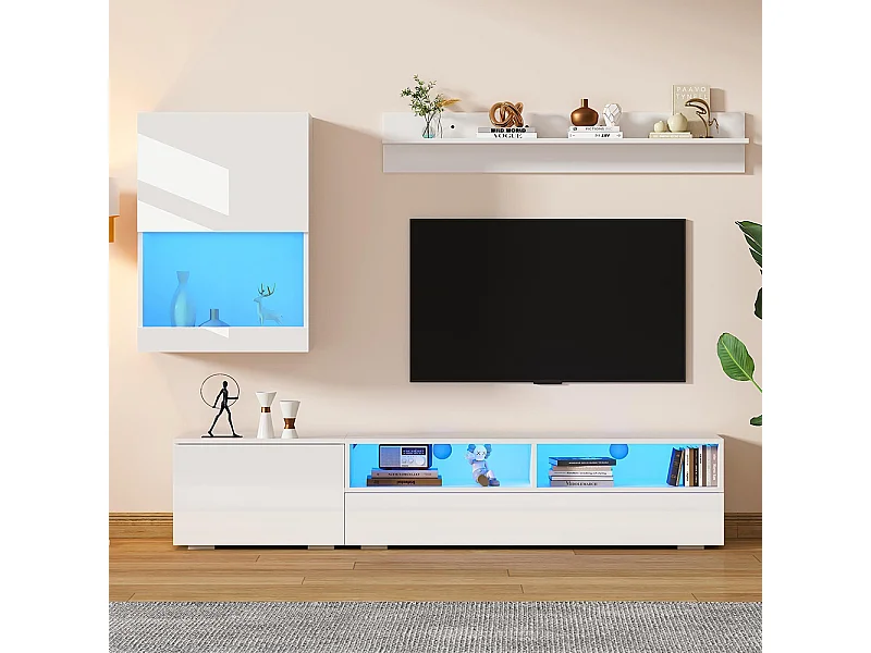 Ensemble mural TV vitrine 3 pièces LED brillant meuble TV étagère pose suspendu blanc