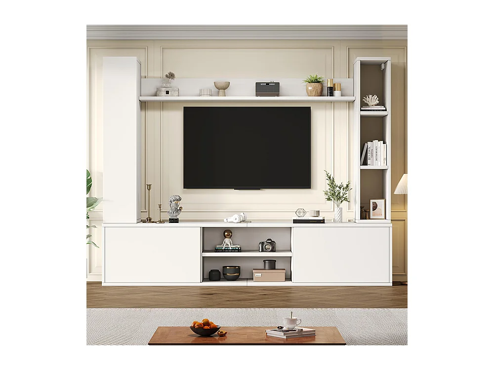 Ensemble mural TV vitrines 4 pièces meuble TV étagères pose suspendu blanc salon