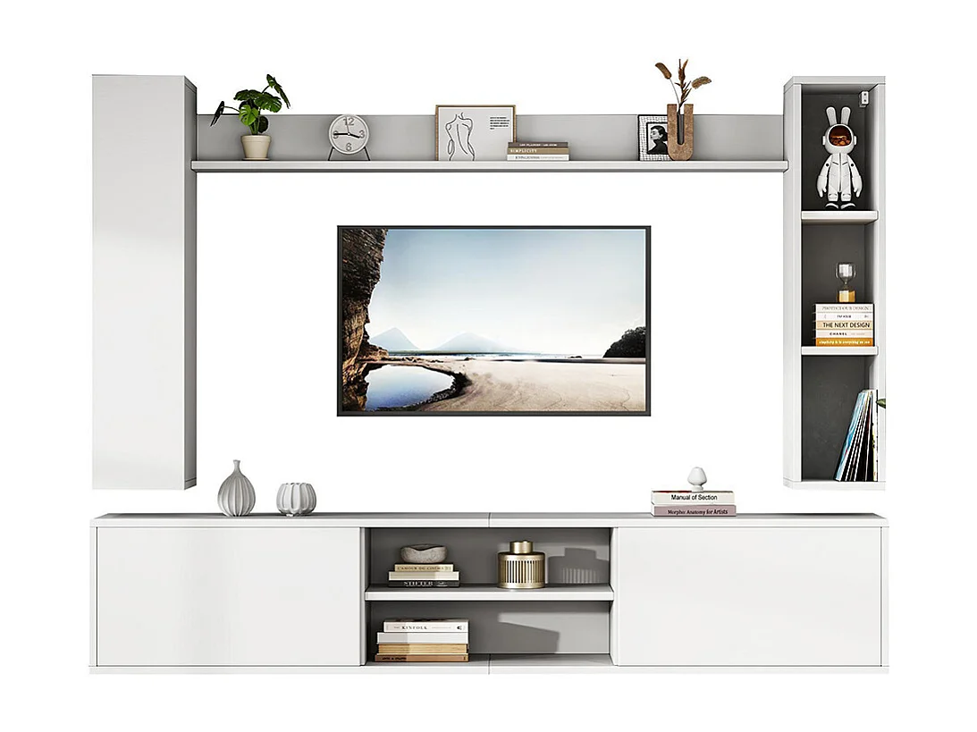 Ensemble mural TV vitrines 4 pièces meuble TV étagères pose suspendu blanc salon