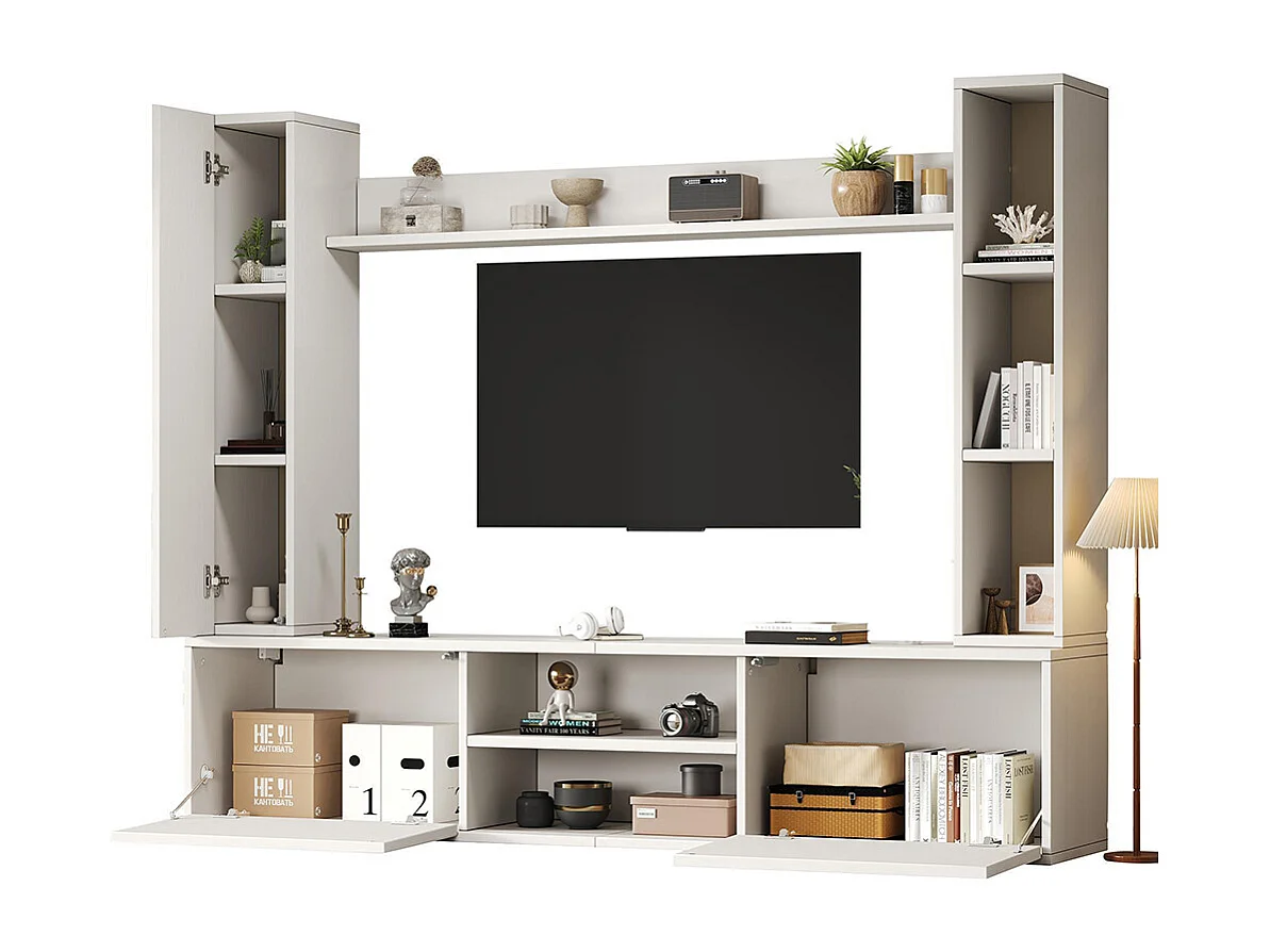 Ensemble mural TV vitrines 4 pièces meuble TV étagères pose suspendu blanc salon