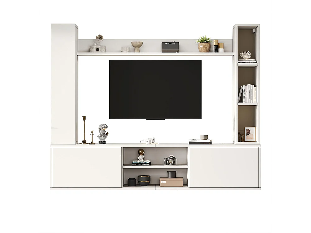 Ensemble mural TV vitrines 4 pièces meuble TV étagères pose suspendu blanc salon