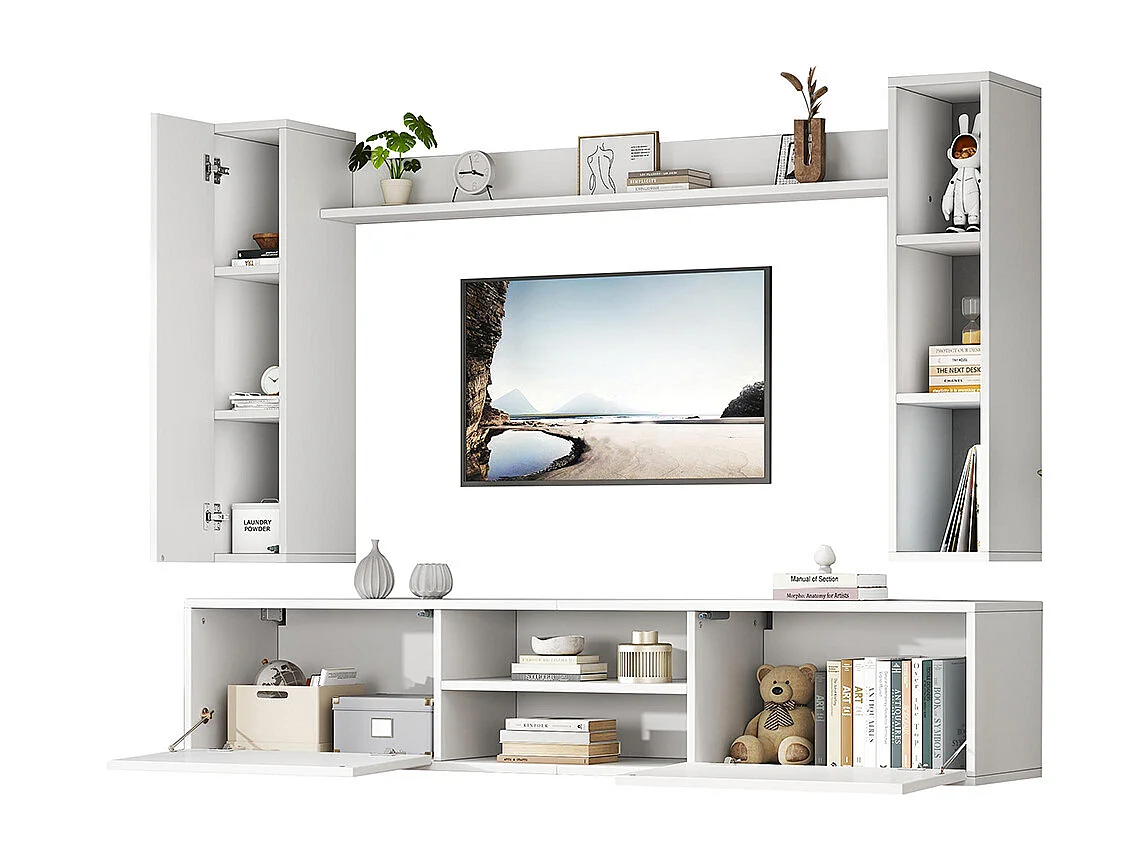 Ensemble mural TV vitrines 4 pièces meuble TV étagères pose suspendu blanc salon