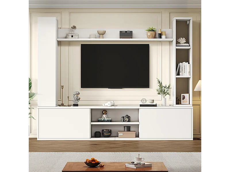 Ensemble mural TV vitrines 4 pièces meuble TV étagères pose suspendu blanc salon