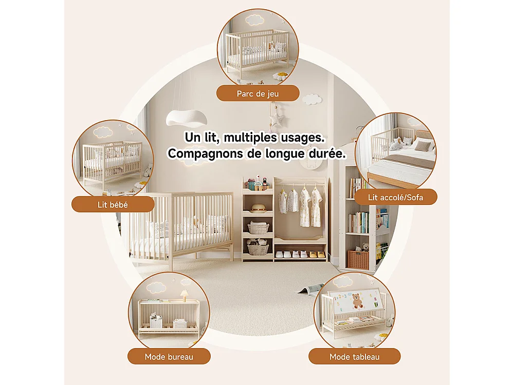 Lit bébé bois multifonction transformable lit chevalet bureau réglable hauteur sans matelas épicéa