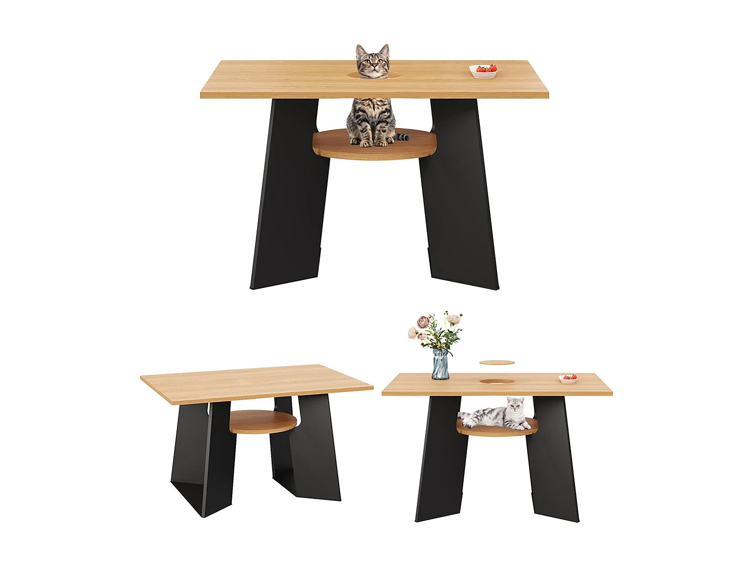 Table salle à manger cuisine animaux espace animaux tablette rangement rectangulaire 6 personnes bois noir