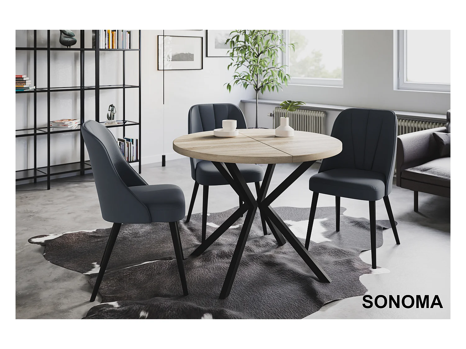 Table à manger ronde LITEN, table à rallonges Diamètre : 90 cm/170 cm, table de salon Couleur : beige, avec pieds métalliques couleur noir