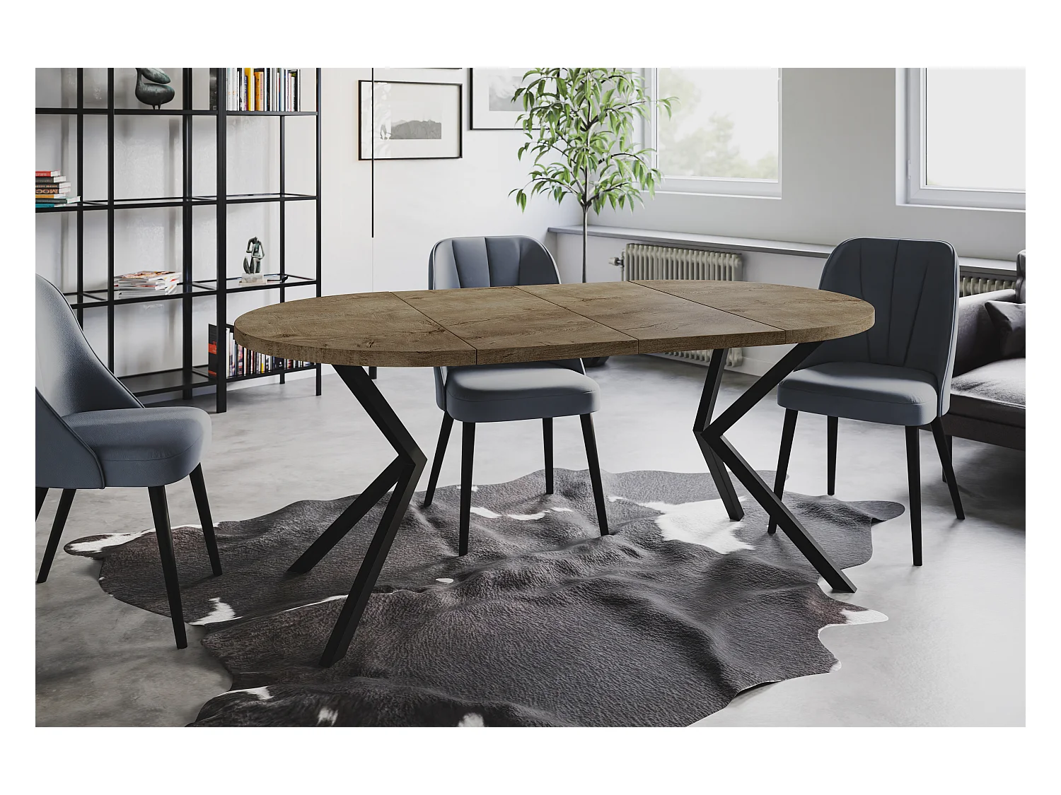 Table à manger ronde LITEN, table à rallonges Diamètre : 120 cm/200 cm, couleur de la table basse : gris, avec pieds métalliques de couleur noire