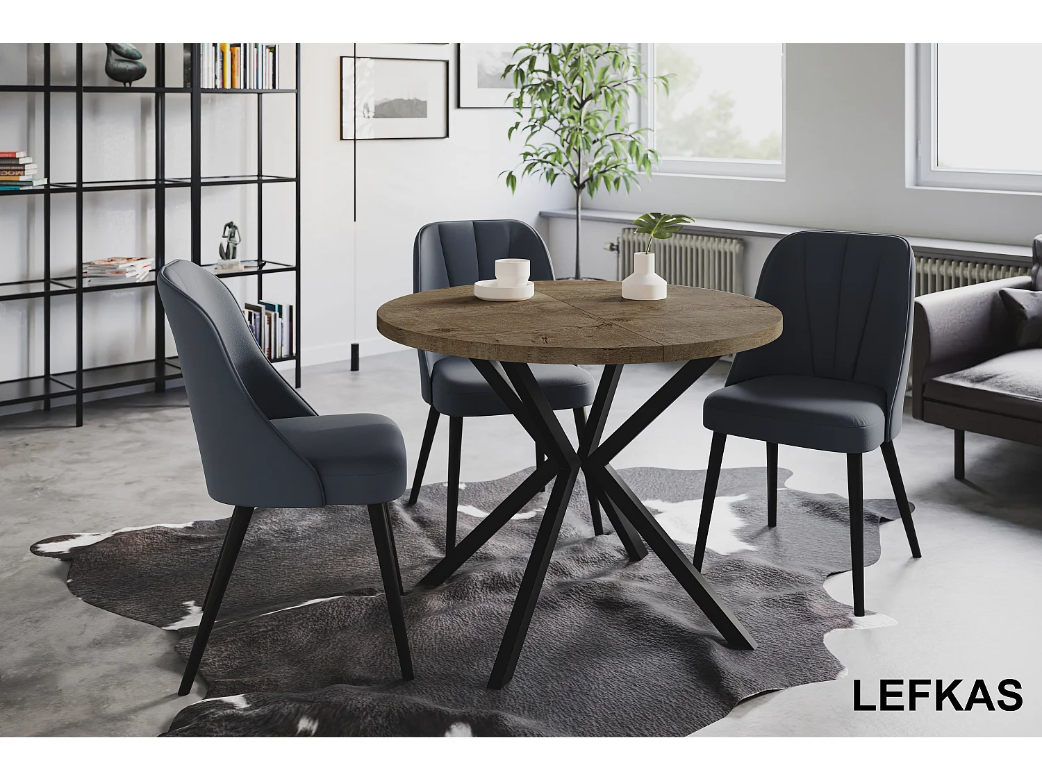 Table à manger ronde LITEN, table à rallonges Diamètre : 120 cm/200 cm, couleur de la table basse : gris, avec pieds métalliques de couleur noire