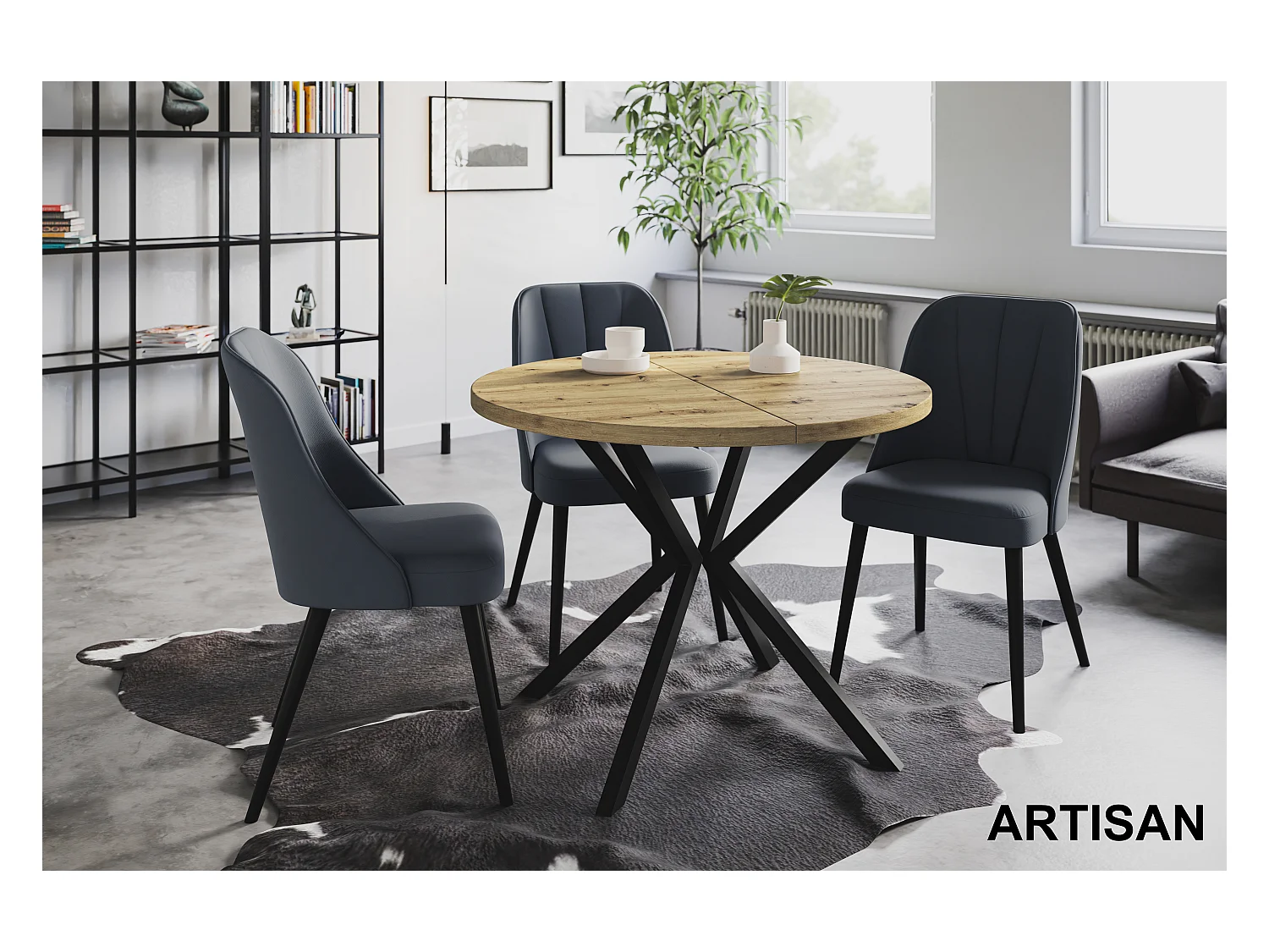 Table à manger ronde LITEN, table à rallonges Diamètre : 100 cm/180 cm, couleur de la table basse : brun mat, avec pieds métalliques de couleur noire