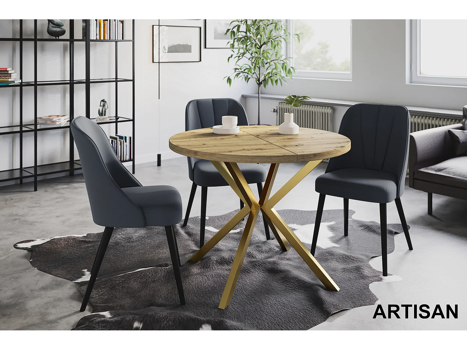 Table à manger ronde LITEN, table à rallonges Diamètre : 100 cm/180 cm, couleur de la table basse : brun mat, avec pieds métalliques couleur or