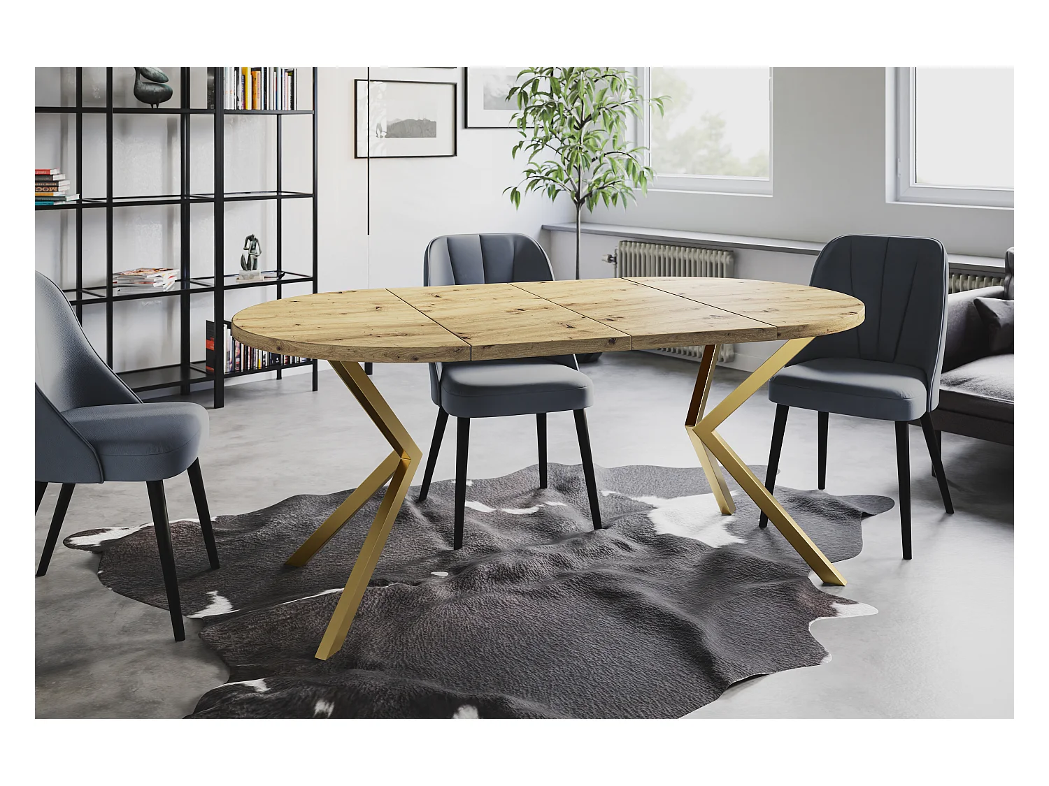 Table à manger ronde LITEN, table à rallonges Diamètre : 100 cm/180 cm, couleur de la table basse : brun mat, avec pieds métalliques couleur or