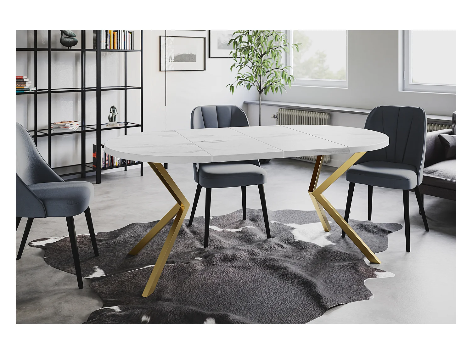 Table à manger ronde LITEN, table à rallonges Diamètre : 120 cm/200 cm, couleur de la table basse : marbre, avec pieds métalliques couleur or