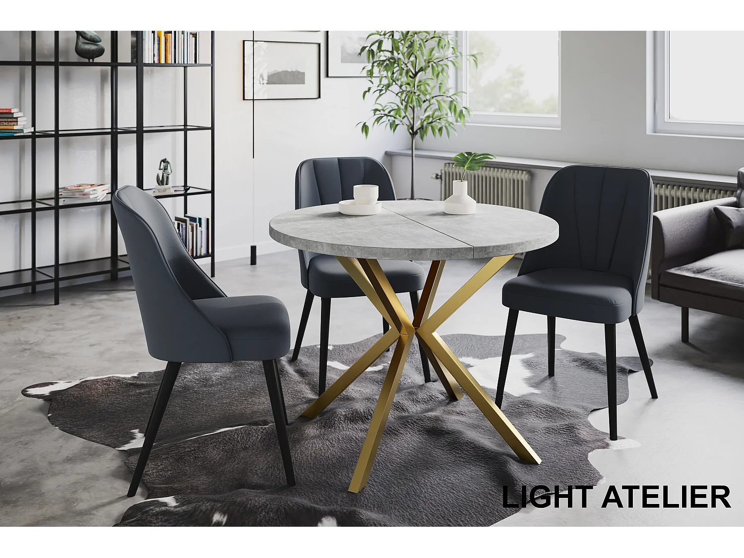 Table à manger ronde LITEN, table à rallonges Diamètre : 120 cm/200 cm, table de salon Couleur : gris clair, avec pieds métalliques couleur or