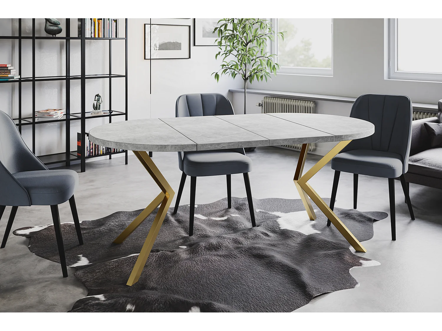 Table à manger ronde LITEN, table à rallonges Diamètre : 120 cm/200 cm, table de salon Couleur : gris clair, avec pieds métalliques couleur or