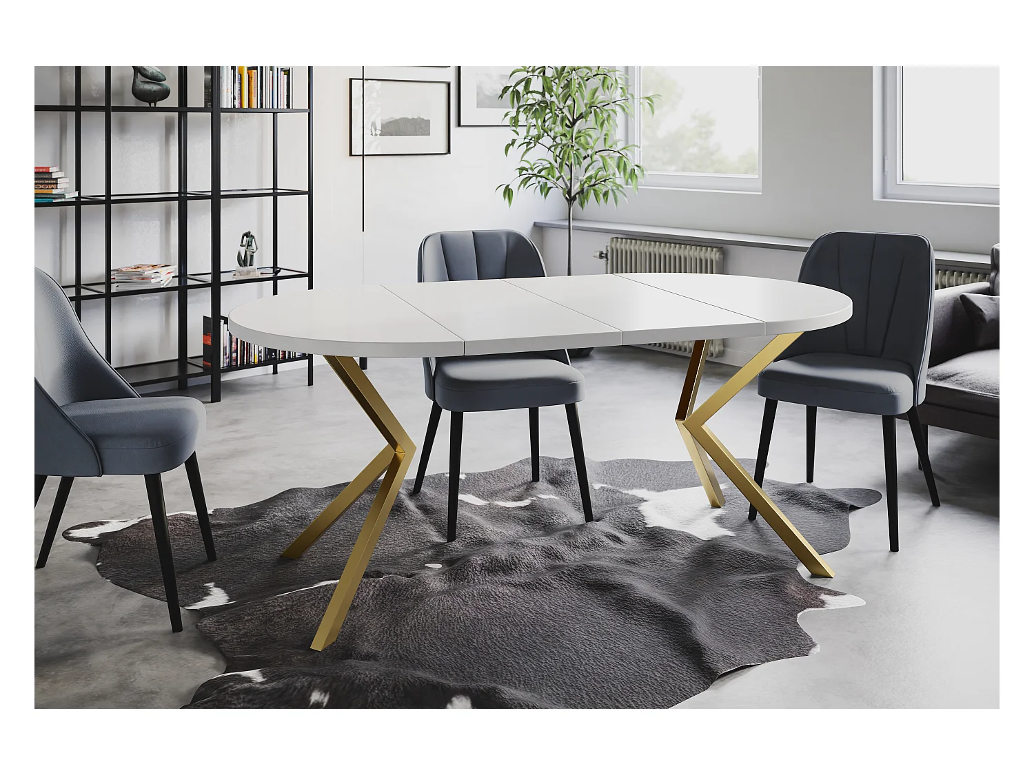 Table à manger ronde LITEN, table à rallonges Diamètre : 120 cm/200 cm, couleur de la table basse : blanc, avec pieds métalliques couleur or