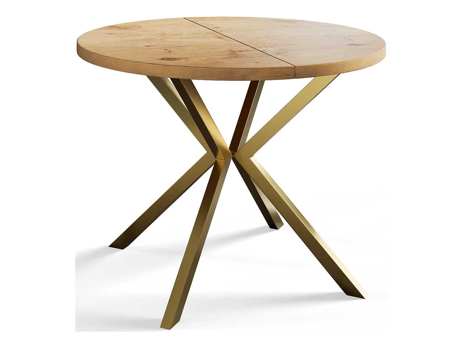 Table à manger ronde LITEN, table à rallonges Diamètre : 90 cm/170 cm, couleur de la table basse : marron clair, avec pieds métalliques couleur or