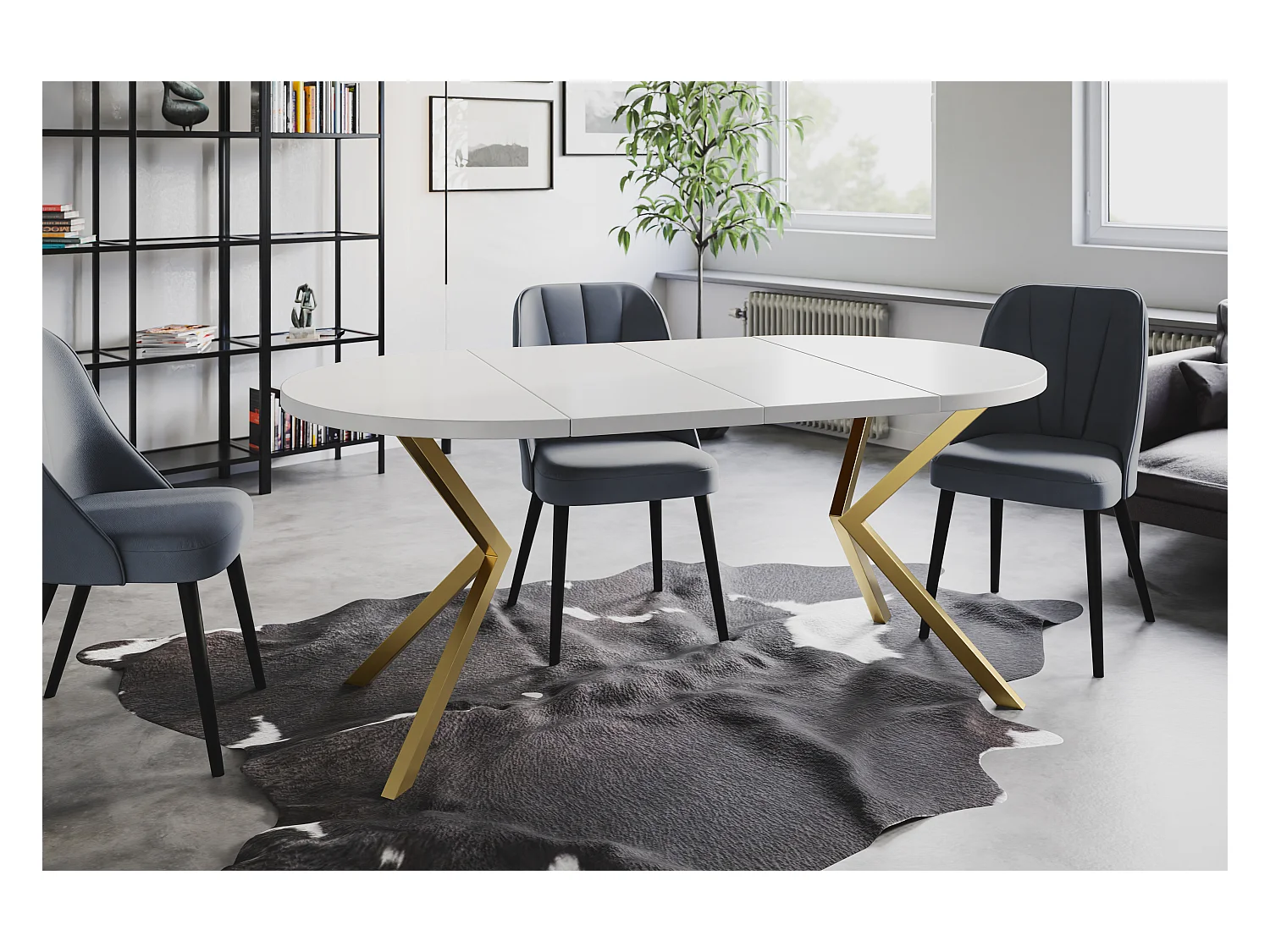 Table à manger ronde LITEN, table à rallonges Diamètre : 90 cm/170 cm, table de salon Couleur : blanc, avec pieds métalliques couleur or