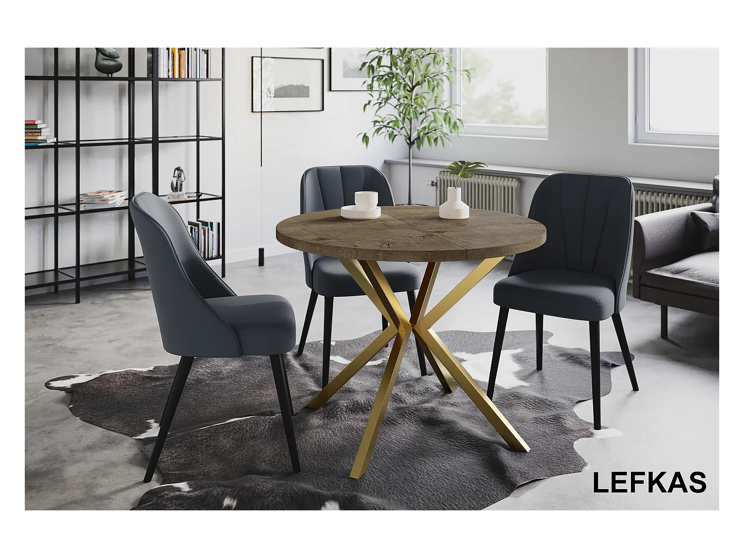 Table à manger ronde LITEN, table à rallonges Diamètre : 120 cm/200 cm, couleur de la table basse : gris, avec pieds métalliques couleur or